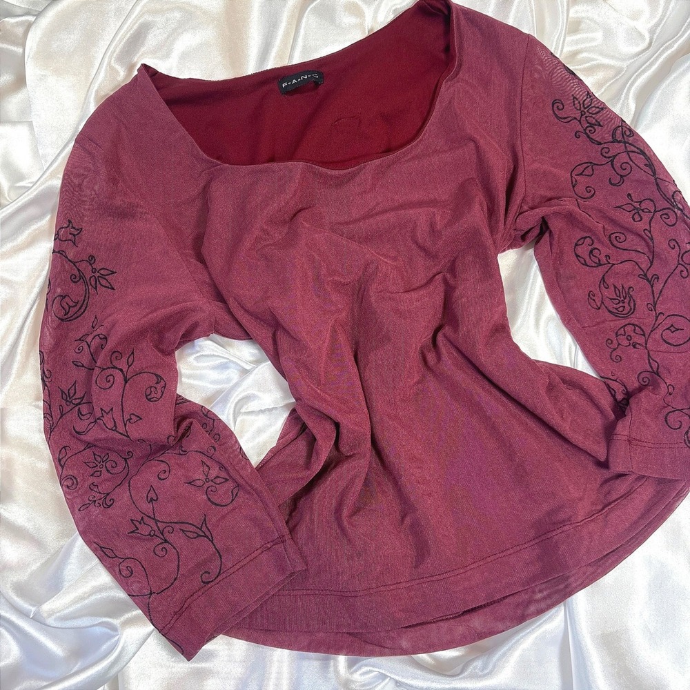 Vintage FANG Burgundy Mesh Floral Scroll Sleeve Top Y2K Fairycore Goth Large